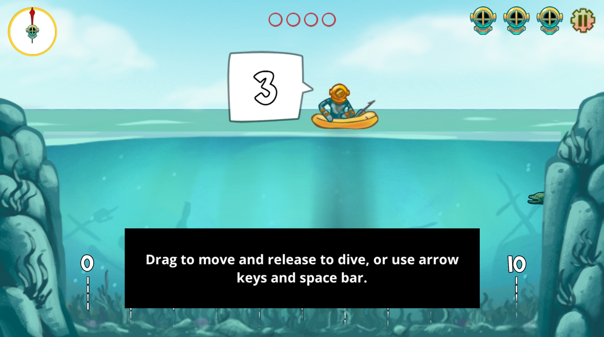 Pearl Diver screenshot explaining how to dive by clicking the target location